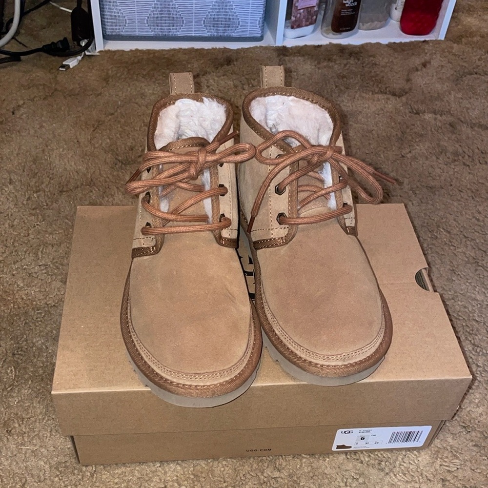 UGG Tan Suede Lace-Up Boots with Shearling Lining